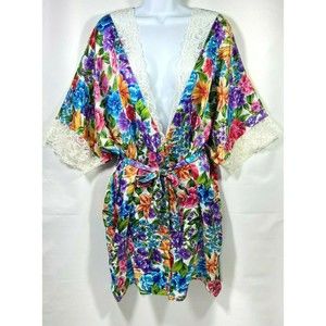 Vintage Delicates Bold Floral Short Robe Lace Trim Lingerie NOS Medium